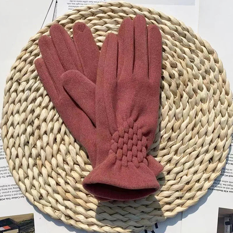 Gant femme terracotta en polaire, empiècement tressé