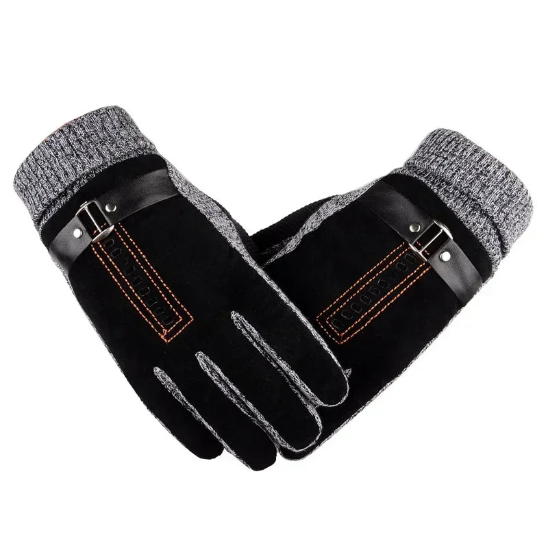 Paire de gants homme en daim noir, revers tricoté gris et surpiqûres orange