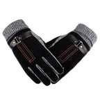 Paire de gants homme en daim noir, revers tricoté gris et surpiqûres orange