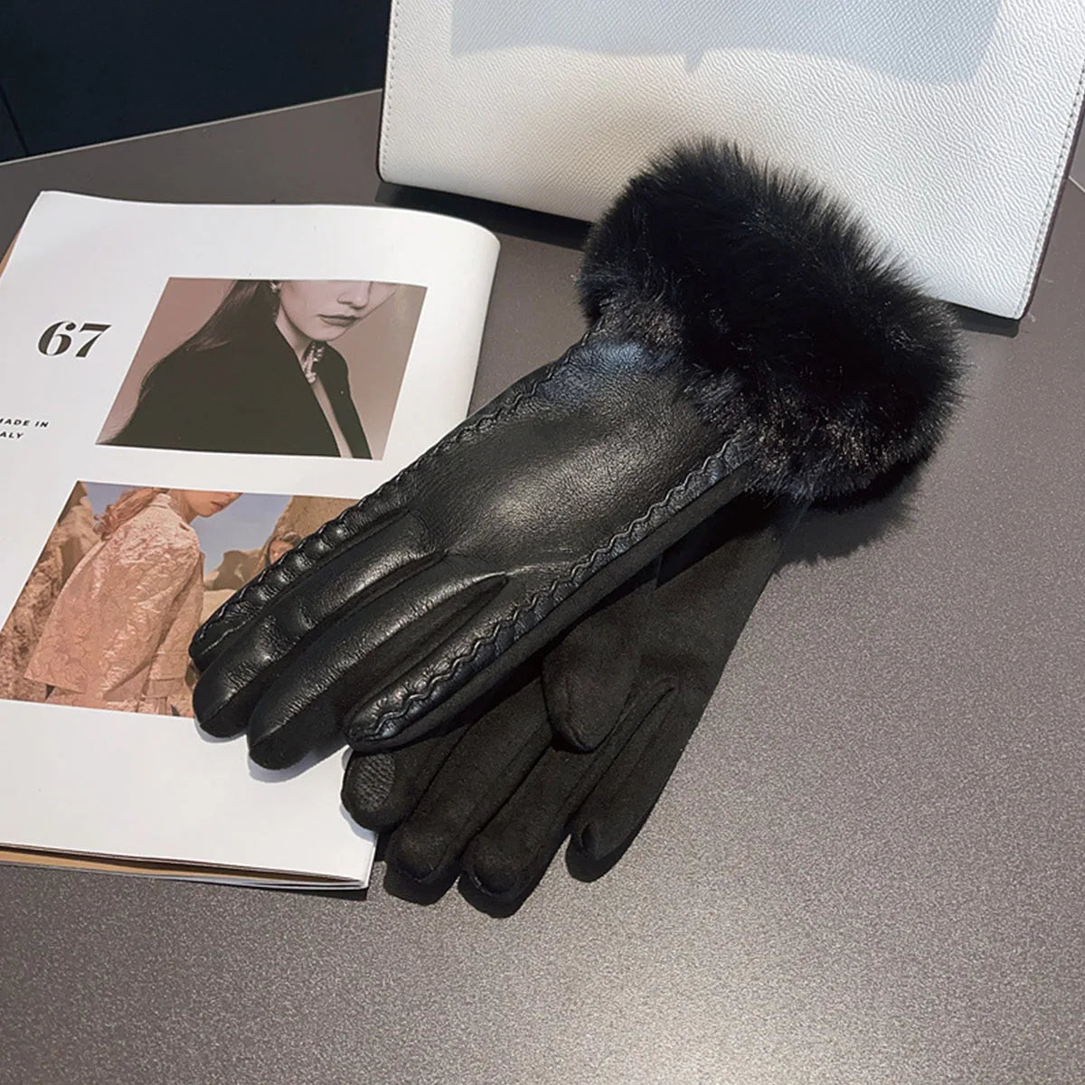 Gants femme cuir PU noir, manchette fausse fourrure