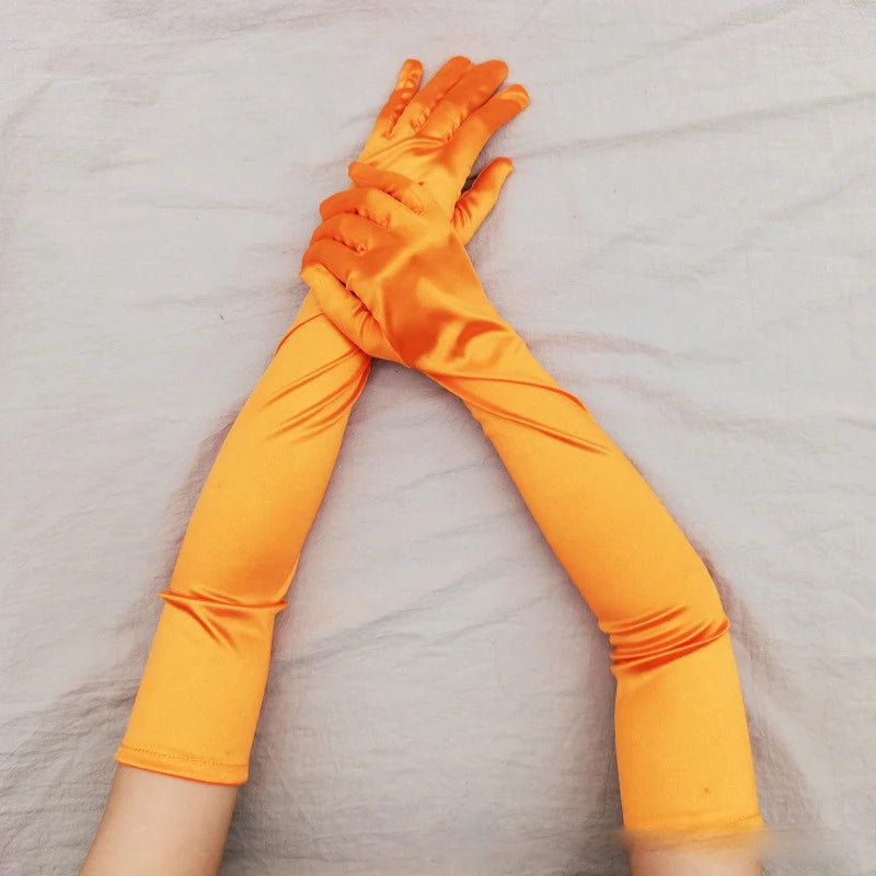 Gant long femme en satin orange, 55 cm, posé à plat
