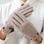 Gant femme taupe en fourrure véritable, boucle dorée