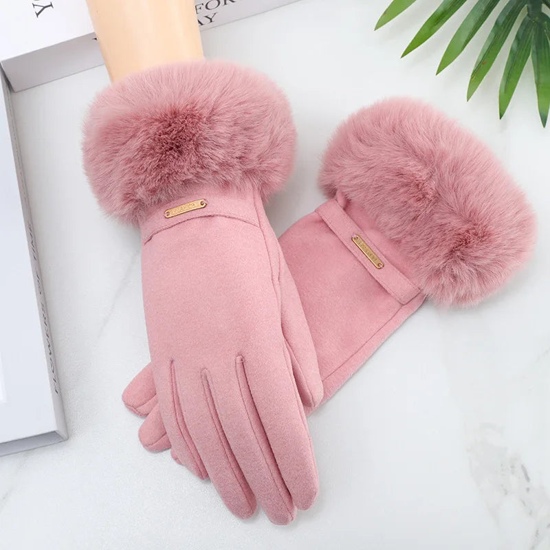 Gant femme rose en velours épais