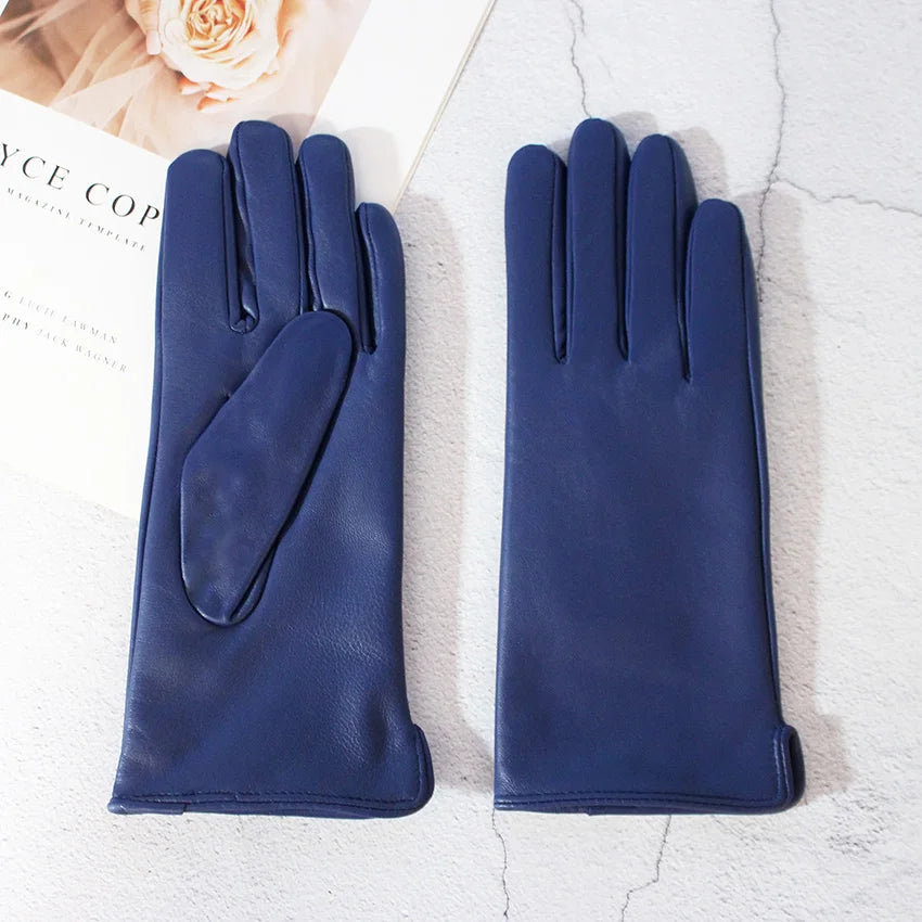 Gant femme bleu marine en cuir de mouton, coupe droite
