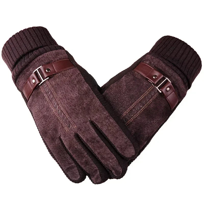 Paire de gants homme en daim bordeaux, revers tricoté assorti et patte à boucle