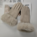 Gants femme suédine, coloris beige, bordure fourrure