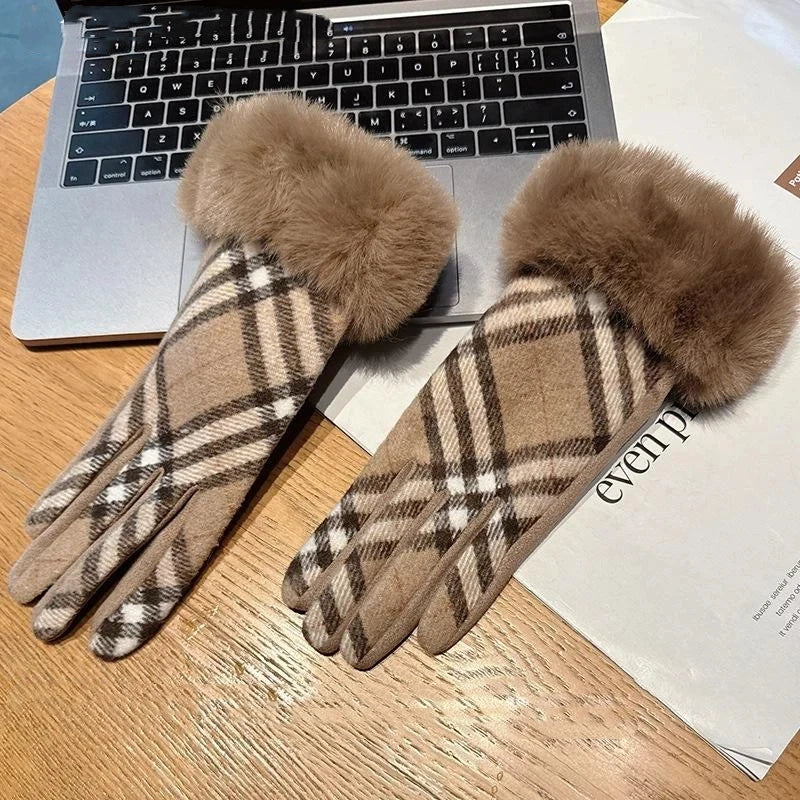Gants femme tartan camel, revers fausse fourrure