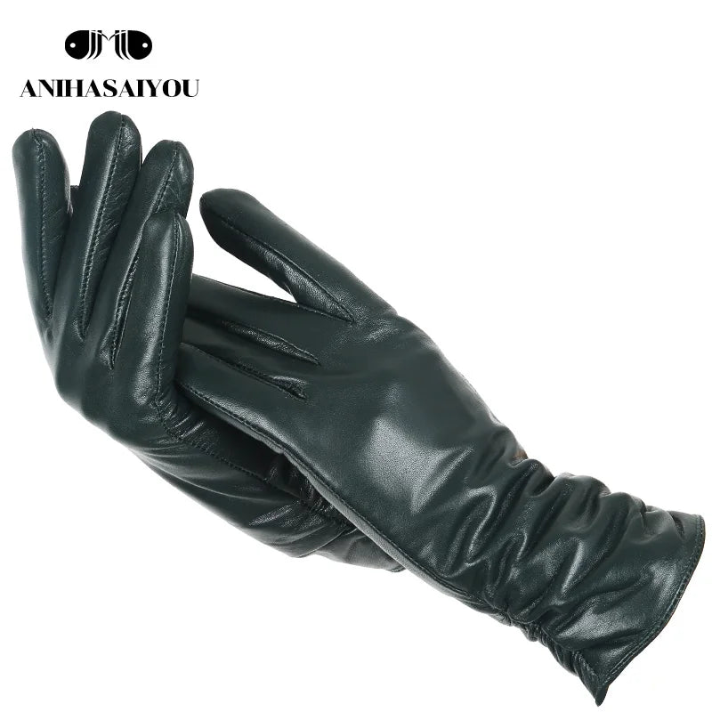 Gants femme cuir agneau vert foncé