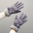 Gant femme gris, nœud et revers fausse fourrure