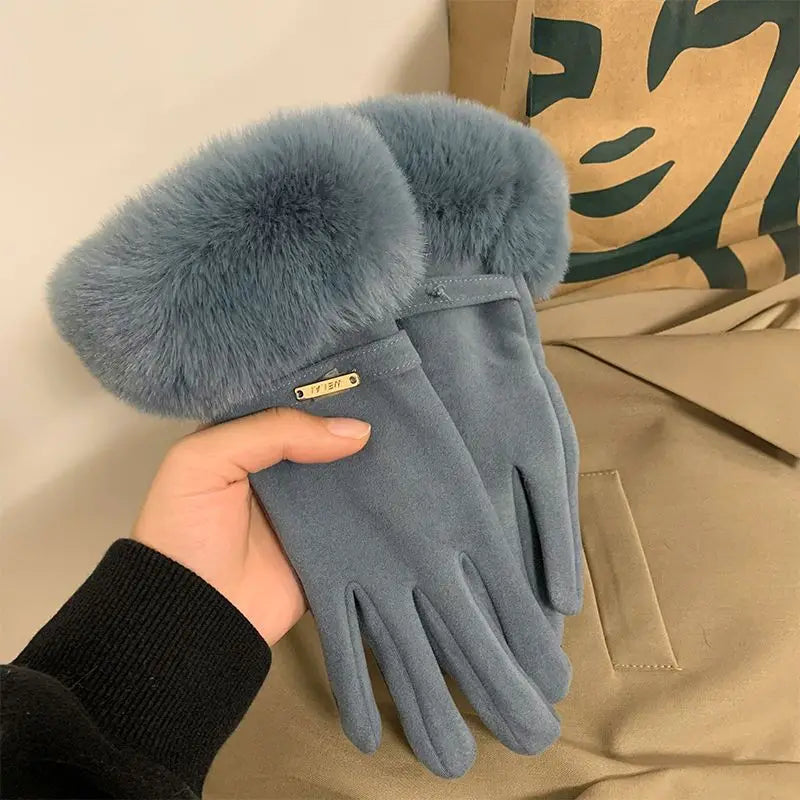 Gant femme gris bleuté en peluche, revers fausse fourrure