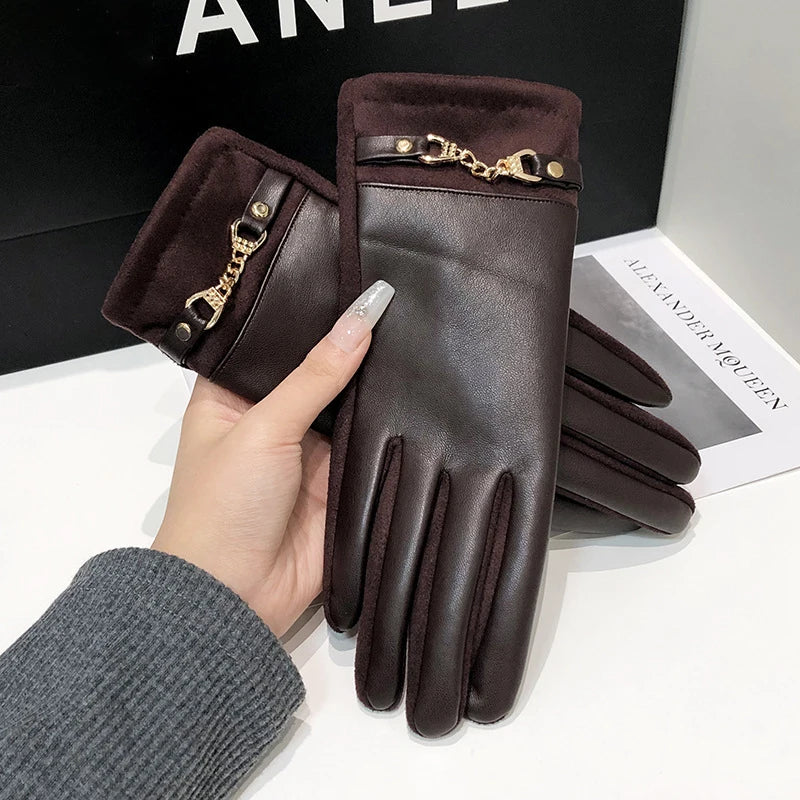 Gants femme similicuir noir, revers polaire