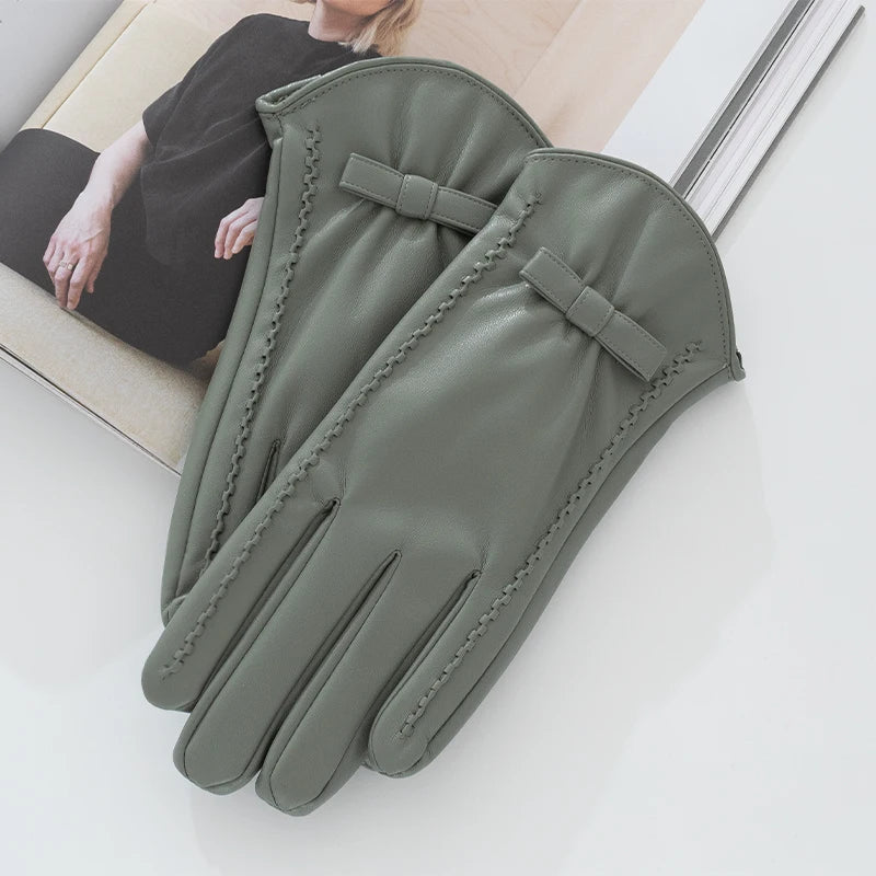 Gant femme vert olive en cuir synthétique, nœud décoratif