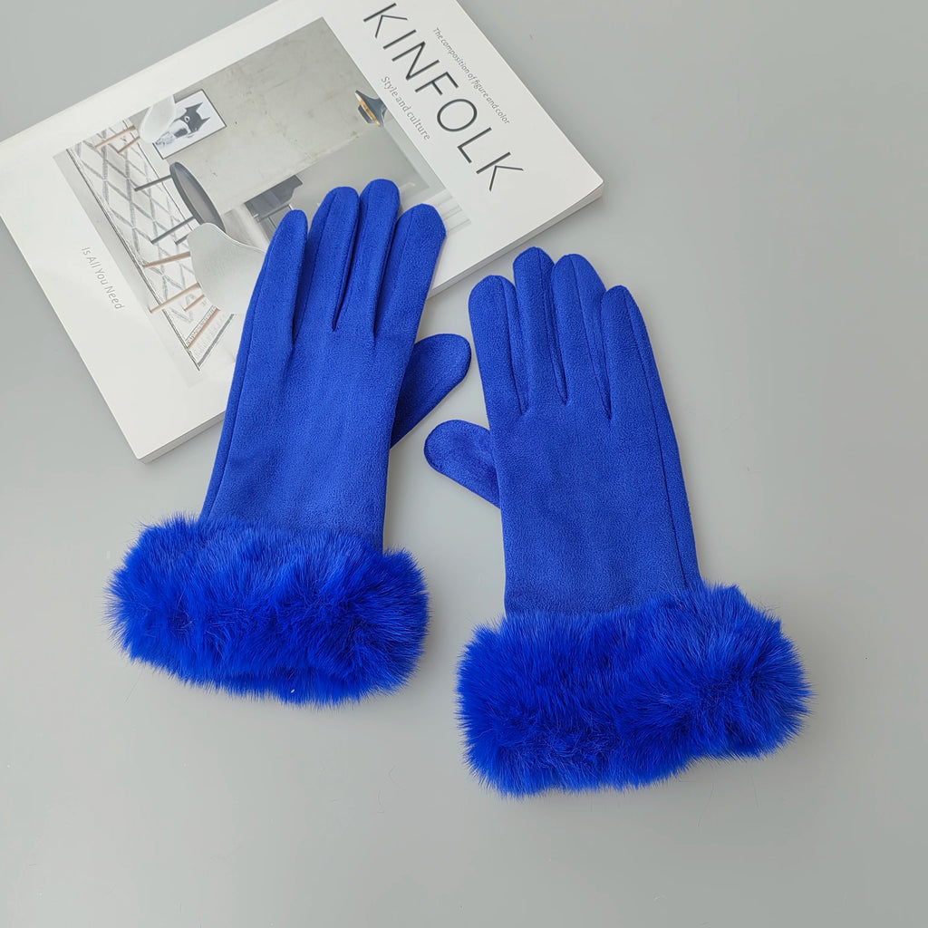 Gants femme suédine, coloris bleu roi, bordure fourrure