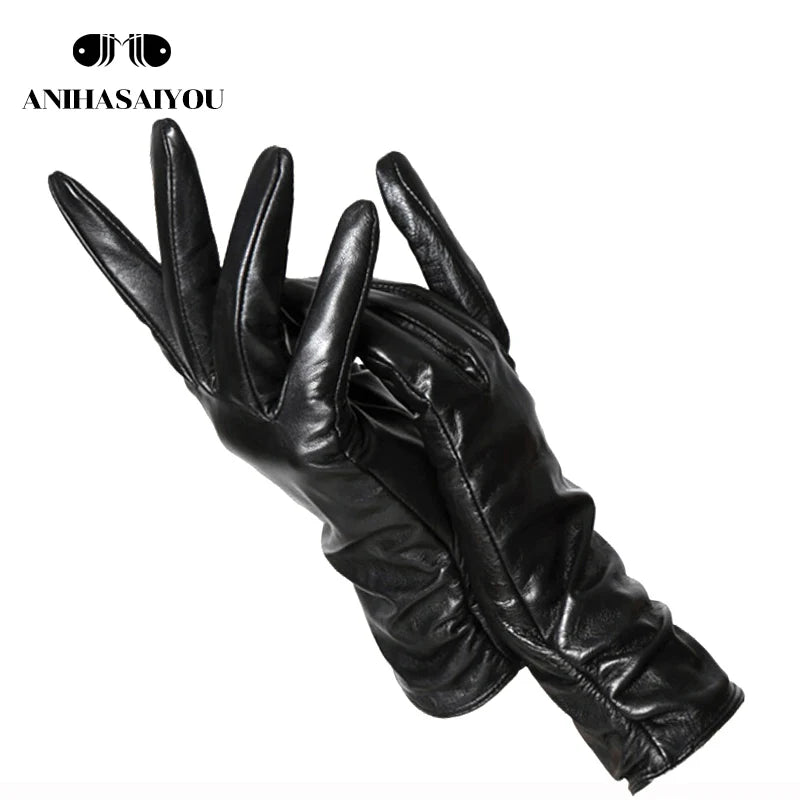 Gants femme cuir agneau noir, poignet plissé