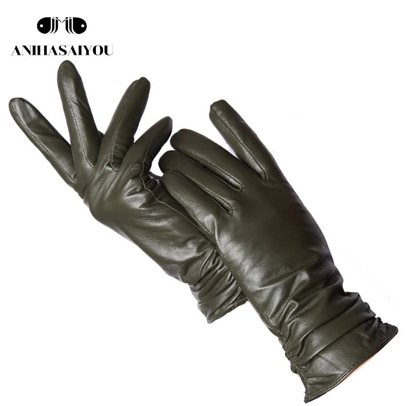 Gants femme cuir agneau vert armée
