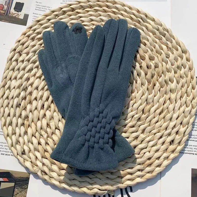Gant femme bleu canard en polaire, empiècement tressé