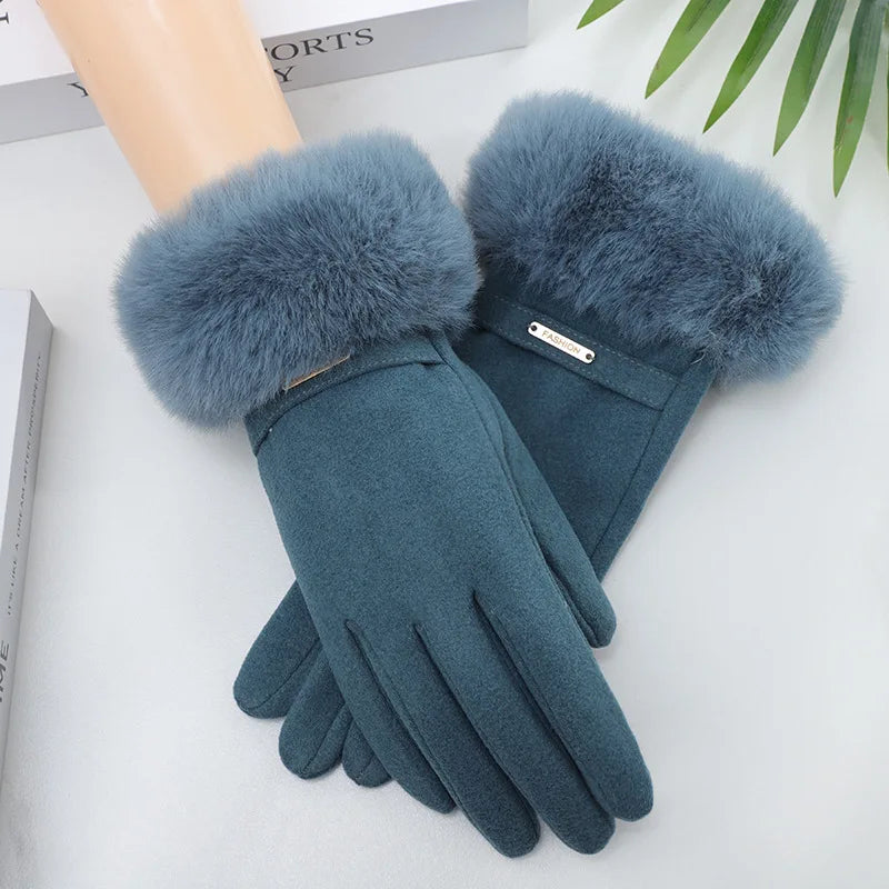 Gant femme bleu canard en velours épais