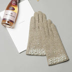 Gants femme empiecement perle et strass, coloris taupe