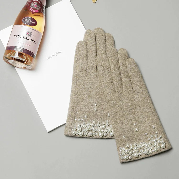 Gants femme empiecement perle et strass, coloris taupe