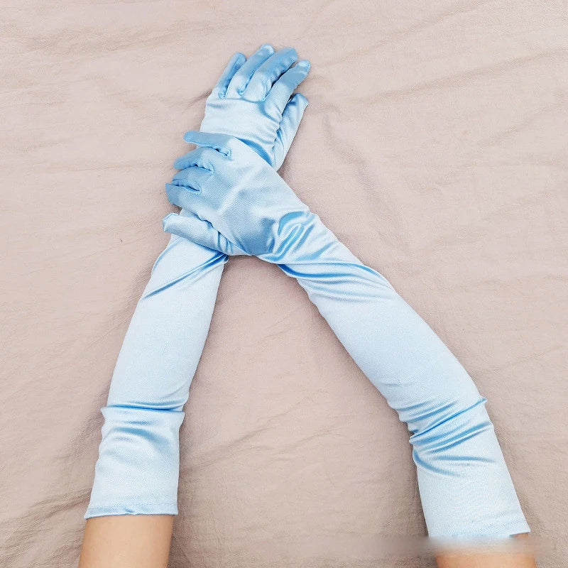 Gant long femme en satin bleu ciel, 55 cm, posé à plat