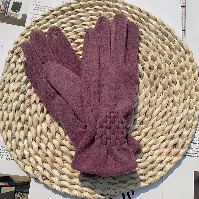 Gant femme prune en polaire, empiècement tressé