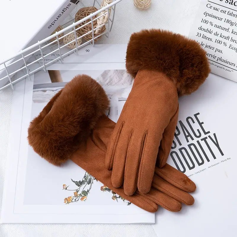 Gants femme suédine, coloris cognac, bordure fourrure