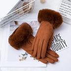 Gants femme suédine, coloris cognac, bordure fourrure