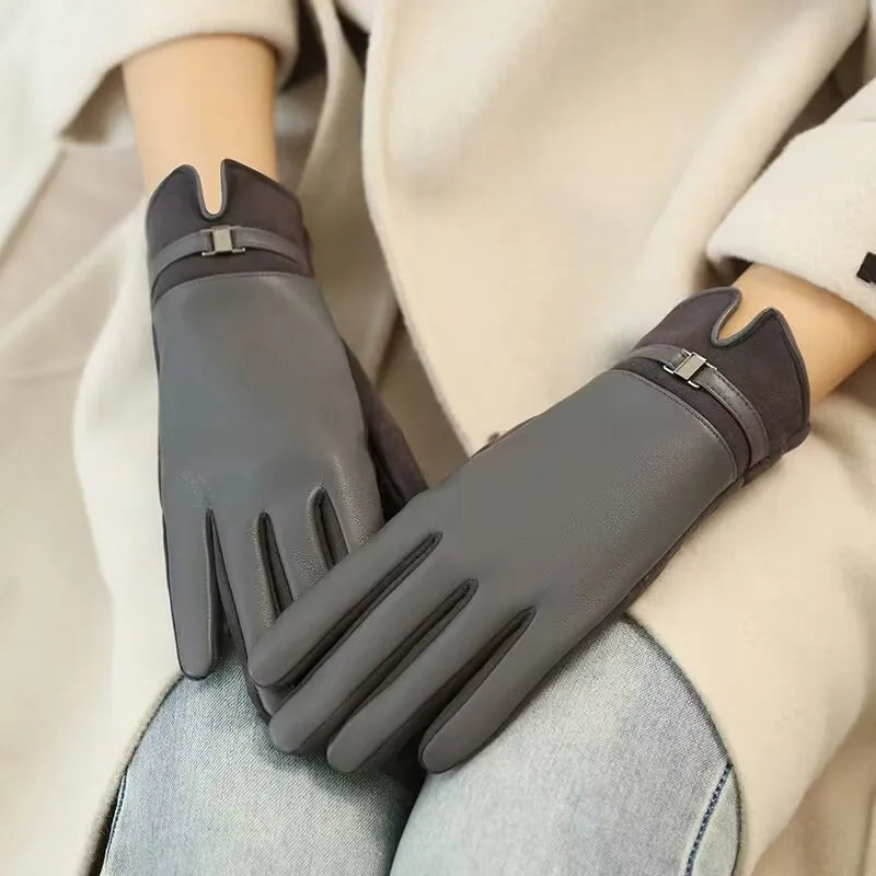 Gant femme gris en cuir et suédine