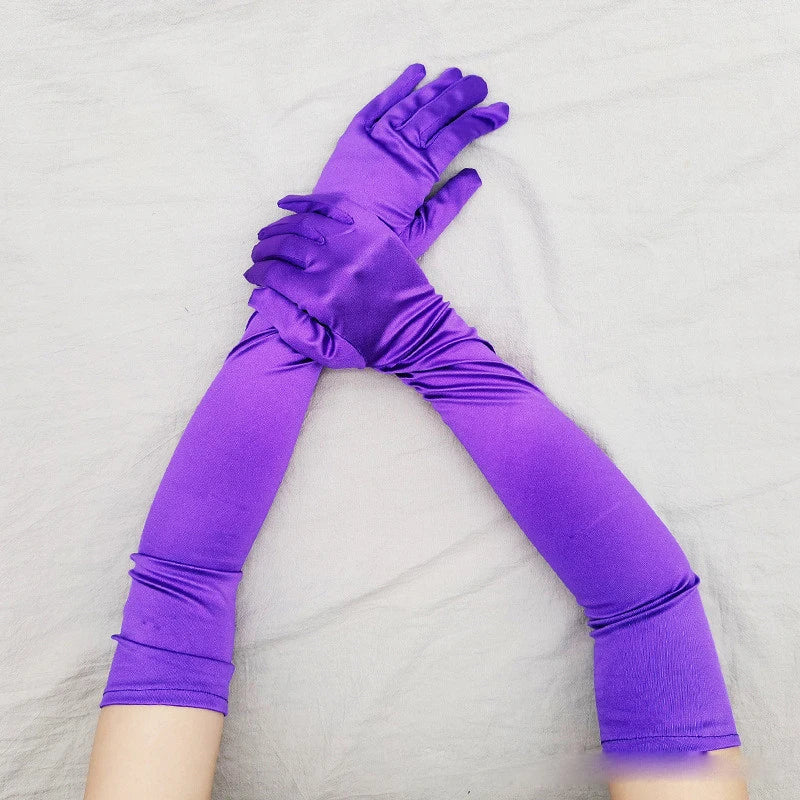 Gant long femme en satin violet, 55 cm, posé à plat