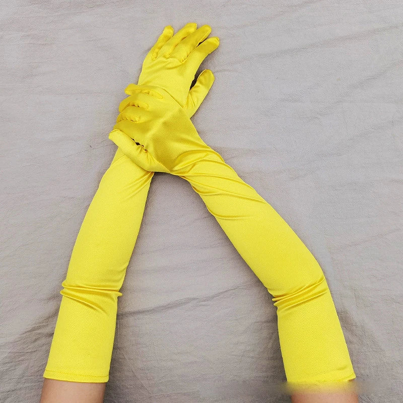 Gant long femme en satin jaune citron, 55 cm, posé à plat