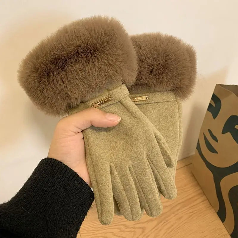 Gant femme taupe en peluche, revers fausse fourrure