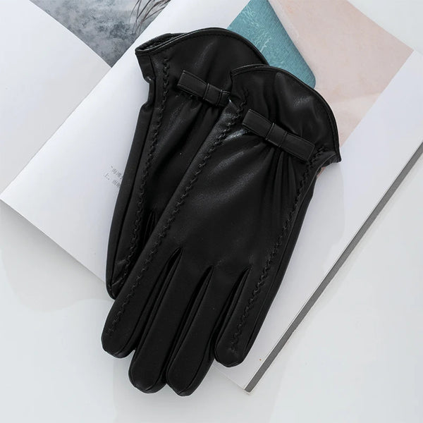 Gant femme noir en cuir synthétique, nœud décoratif