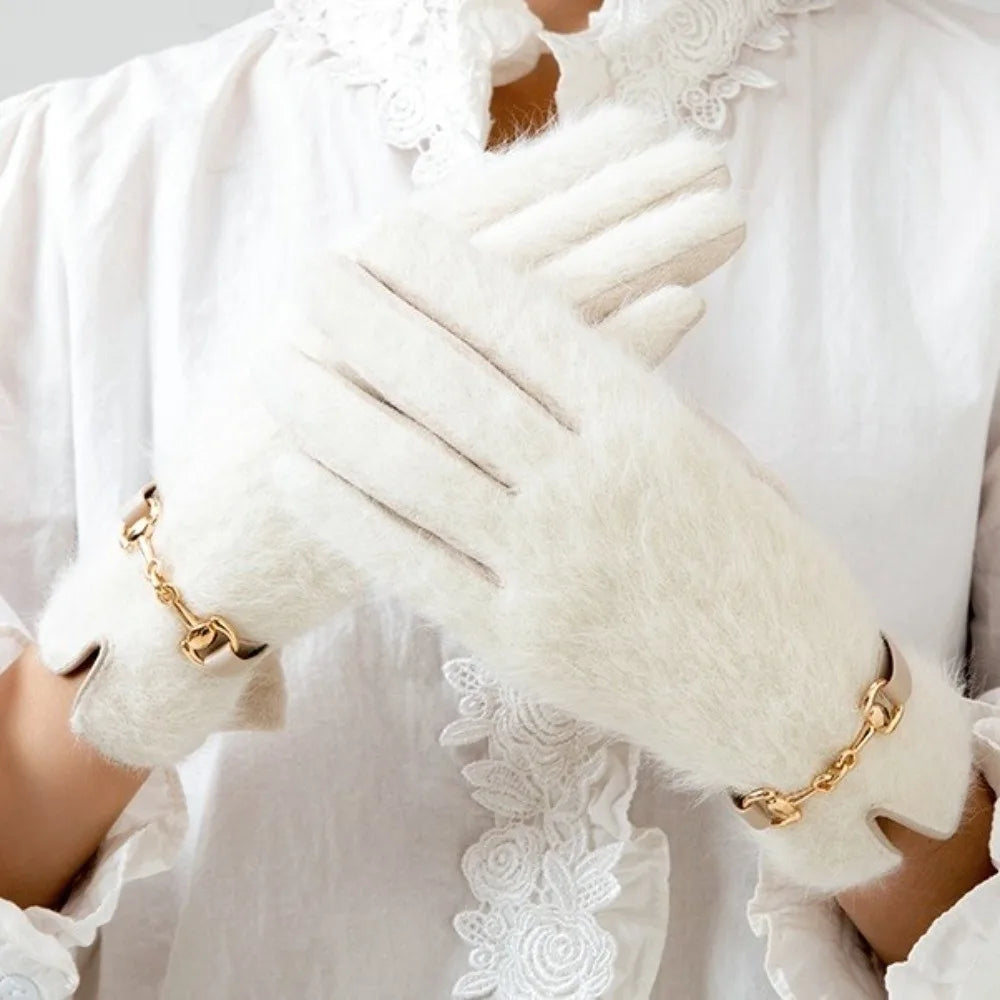 Gant femme ivoire en fourrure véritable, boucle dorée
