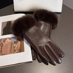 Gants femme cuir PU brun, surpiqûres décoratives et fourrure
