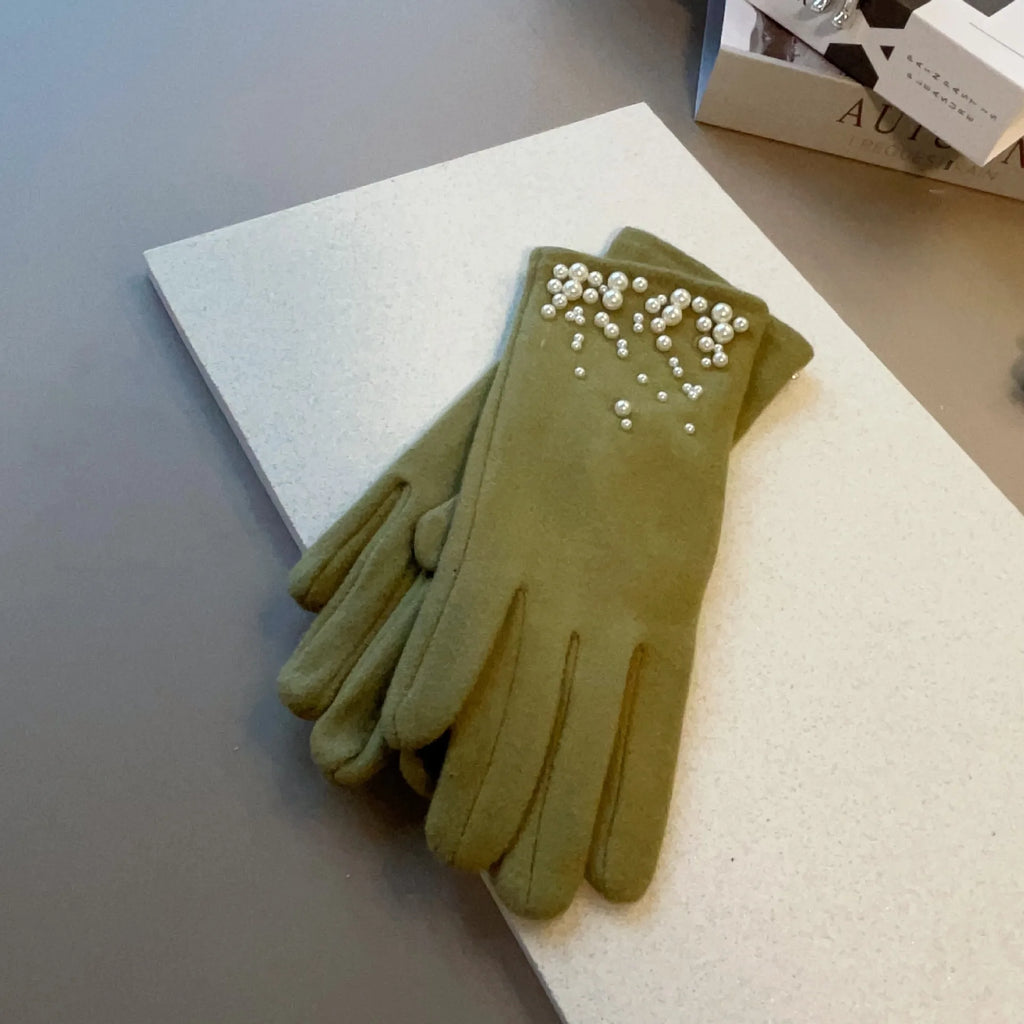 Gants femme empiecement perle et strass, coloris vert olive