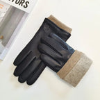 Gants cuir homme en peau de cerf noir, doublure tricotée retournée au poignet