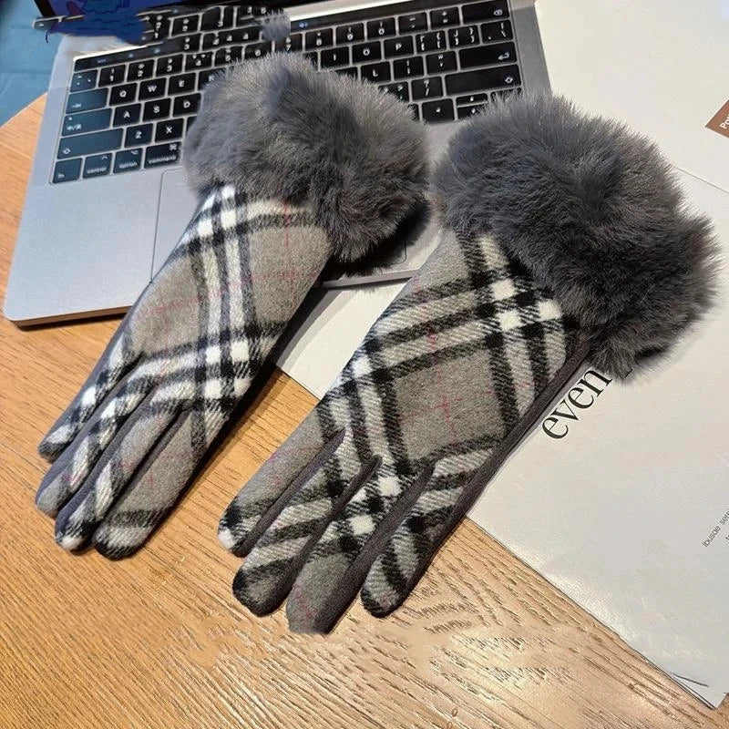 Gants femme tartan gris clair, revers fausse fourrure