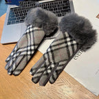 Gants femme tartan gris clair, revers fausse fourrure