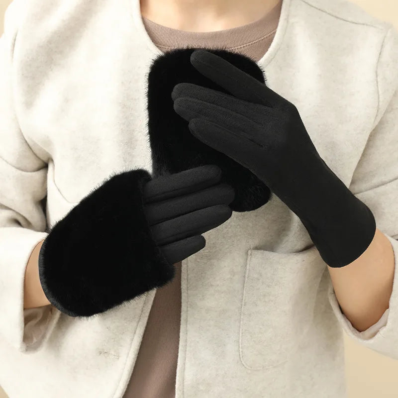 Gant femme noir en suédine, revers fausse fourrure