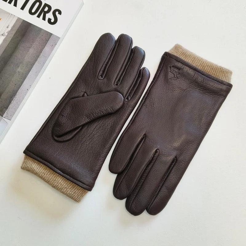 Paire de gants cuir homme en peau de cerf brun, dos et paume