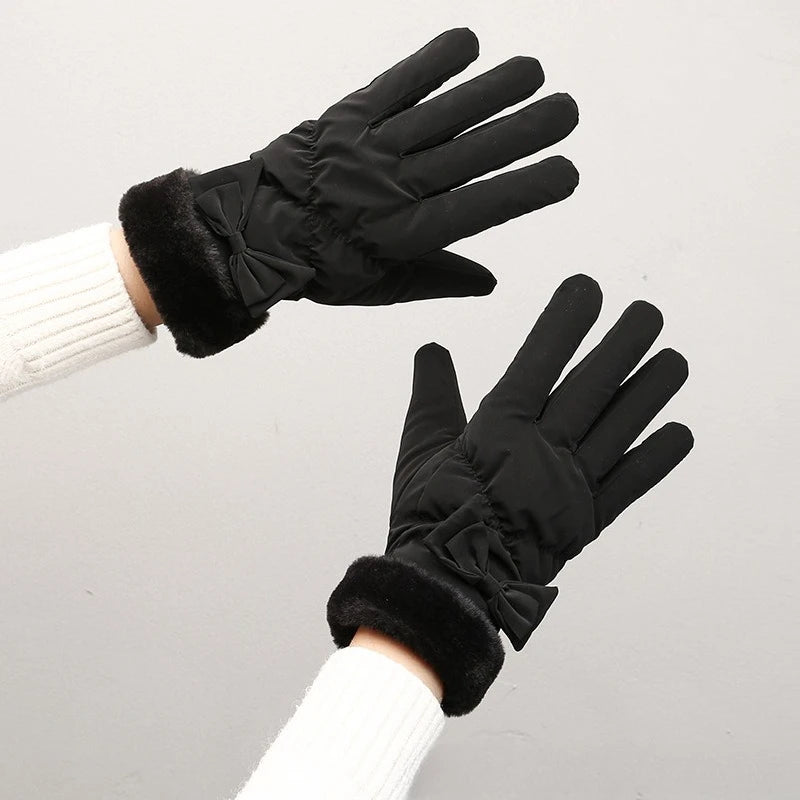 Gant femme noir en nylon matelassé, nœud décoratif