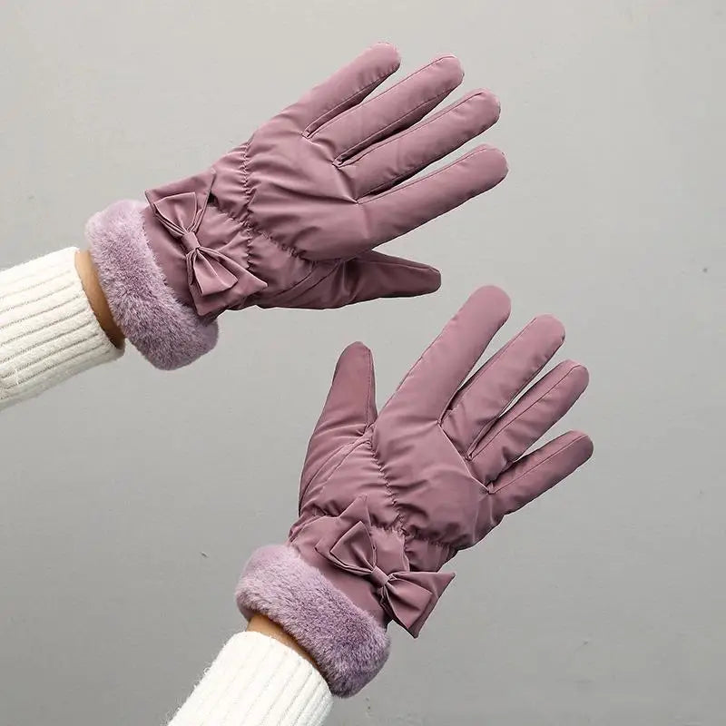 Gant femme mauve, nœud et revers fausse fourrure
