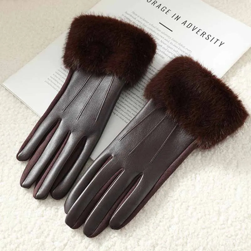 Gants femme cuir PU chocolat, manchette fausse fourrure