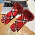Gant femme tartan rouge, revers fausse fourrure
