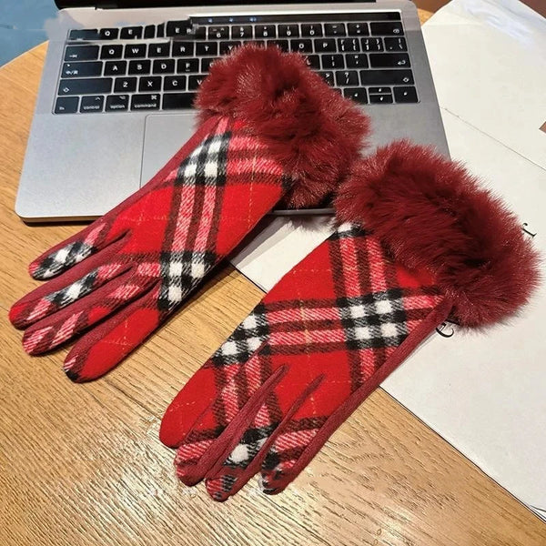 Gant femme tartan rouge, revers fausse fourrure