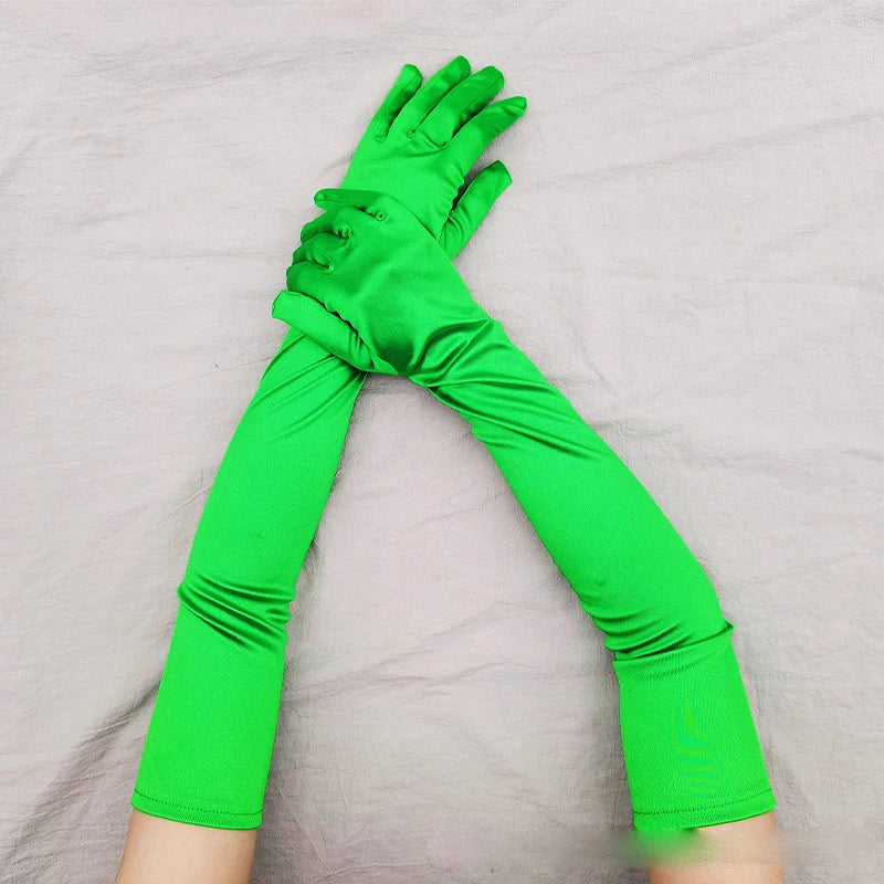 Gant long femme en satin vert, 55 cm, posé à plat