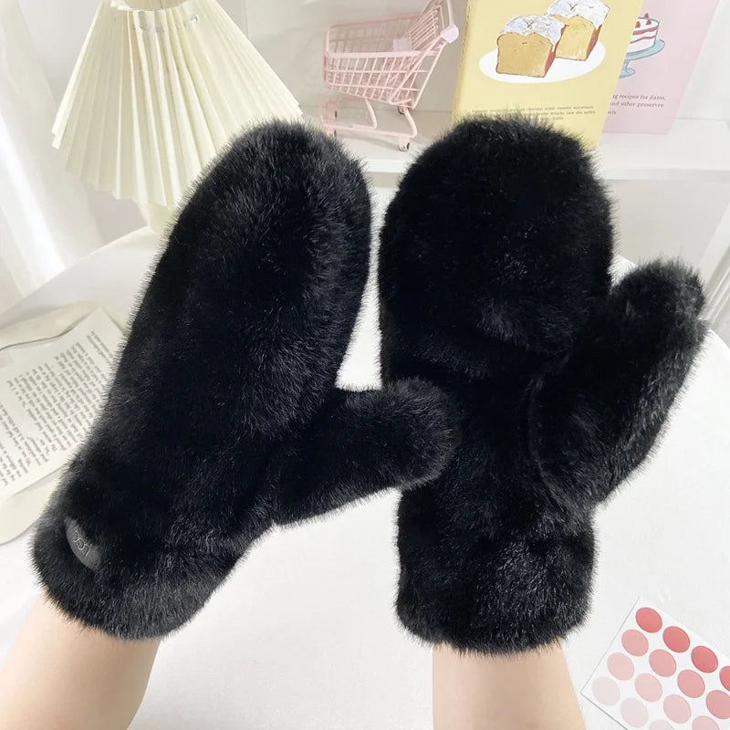 Moufle femme fausse fourrure noir épaisse