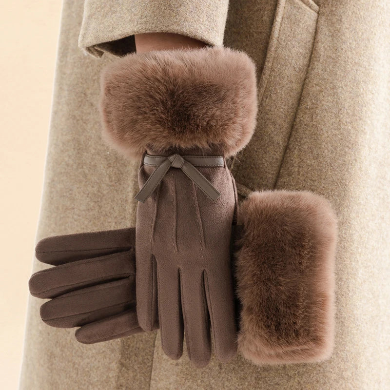 Gant femme taupe en suédine, doublure peluche