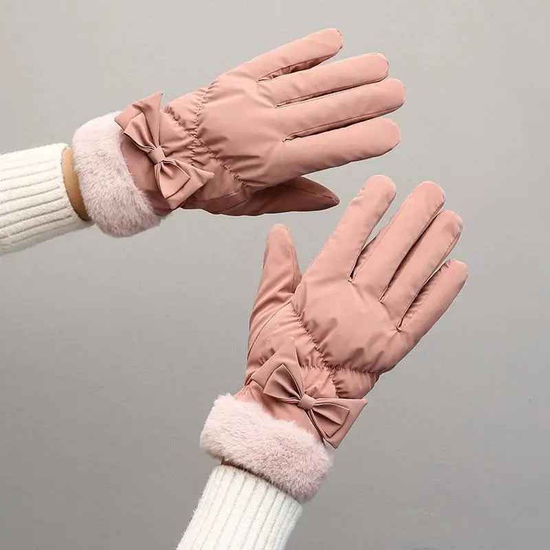 Gant femme rose, nœud et revers fausse fourrure