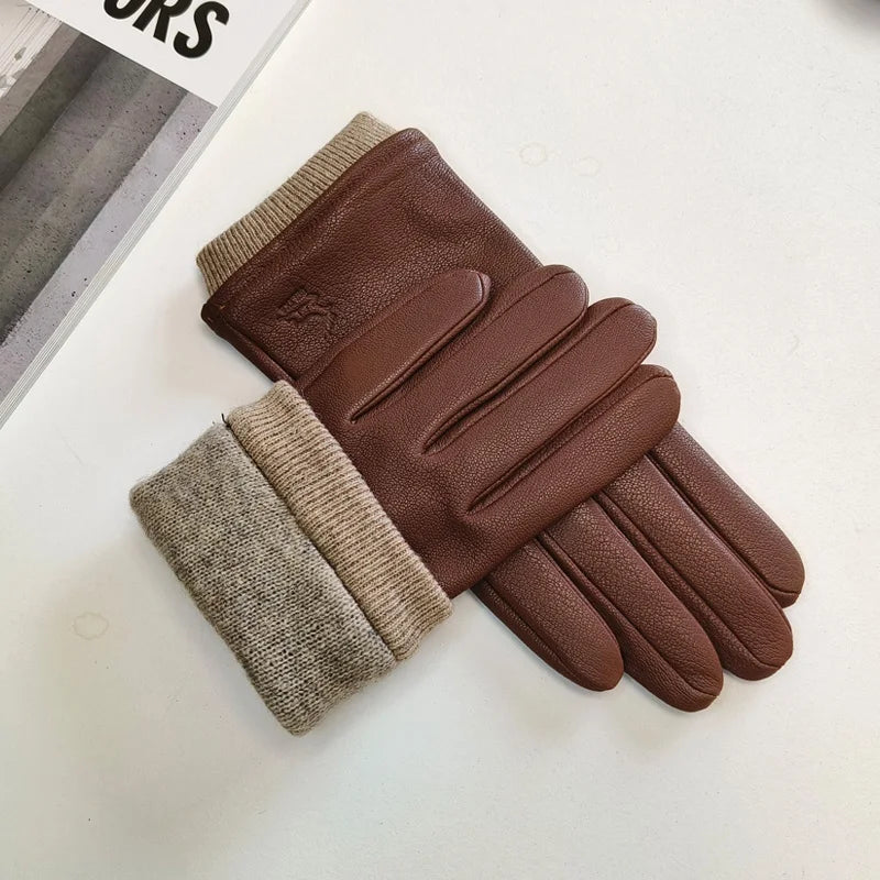 Gants cuir homme en peau de cerf camel, doublure en tricot de laine dépliée